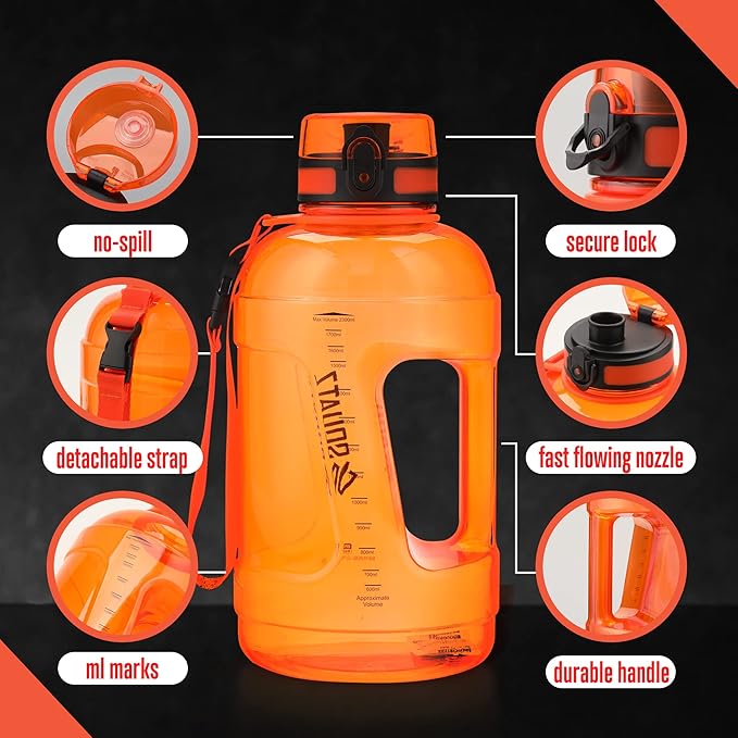 SQUATZ 78 Oz Poseidon Series Sports Water Bottle - Premium Quality Big Volume Wide Mouth protein Shake Gym Flask, Fixed Buckle Carrying Strap, Leak Resistance, Zero Condensation Sleeve,Orange