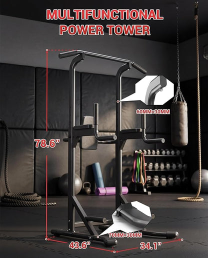 Power Tower Pull Up Bar Dip Station, 450LB Heavy Duty Carbon Steel Pullup Stand for Home Gym, Freestanding Strength Training Equipment, Bodyweight Workout Station, Indoor Fitness Rack, Chin Up Dip Bar