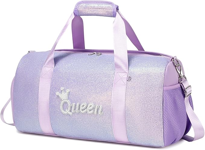 Dance Duffle Bag for Girls Shiny Glitter Sports Gym Bag for Girls Weekender Overnight Sleepover Travel Duffel with Shoes Compartment
