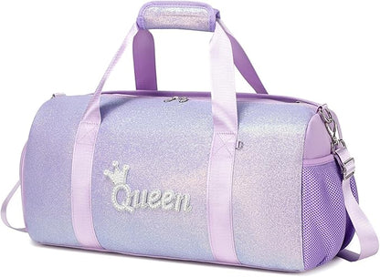 Dance Duffle Bag for Girls Shiny Glitter Sports Gym Bag for Girls Weekender Overnight Sleepover Travel Duffel with Shoes Compartment