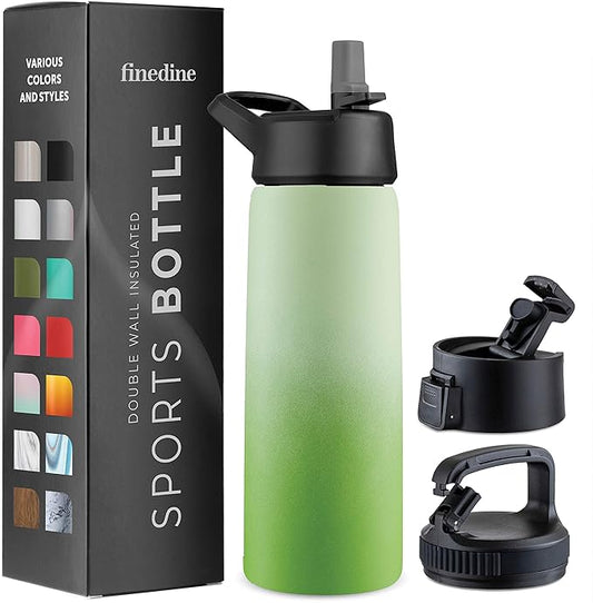 FineDine Water Bottle - Stainless Steel Insulated Water Bottle with Straw Lid, Flip Lid & Wide-Mouth Cap - Keeps Hot and Cold - 25 Oz / 739ml - Dreamy Green