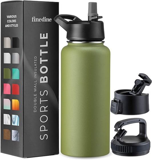 FineDine Water Bottle - Stainless Steel Insulated Water Bottle with Straw Lid, Flip Lid & Wide-Mouth Cap - Keeps Hot and Cold - 32 Oz / 946ml - Army Green