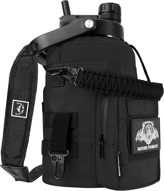 NATURE PIONEOR 1 Gallon Tactical Water Bottle Set, Stainless Steel 128 oz Sport Water Bottle with Tactical MOLLE Bottle Carrier Sleeve, for Outdoor Work, Gym, Hiking, Camping
