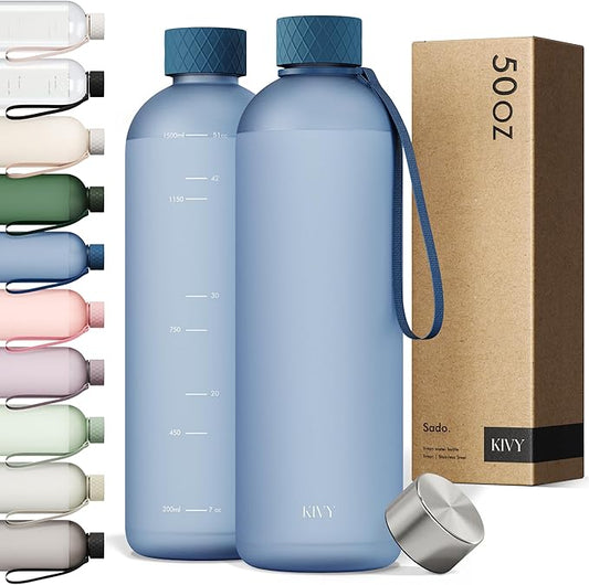 KIVY Large Water Bottle 50oz [Lightweight & Shatterproof] Fits Backpack & Cupholder for Travel, Sports, School - Blue water bottle no straw - 1.5 Liter water bottles - 50oz Water bottle