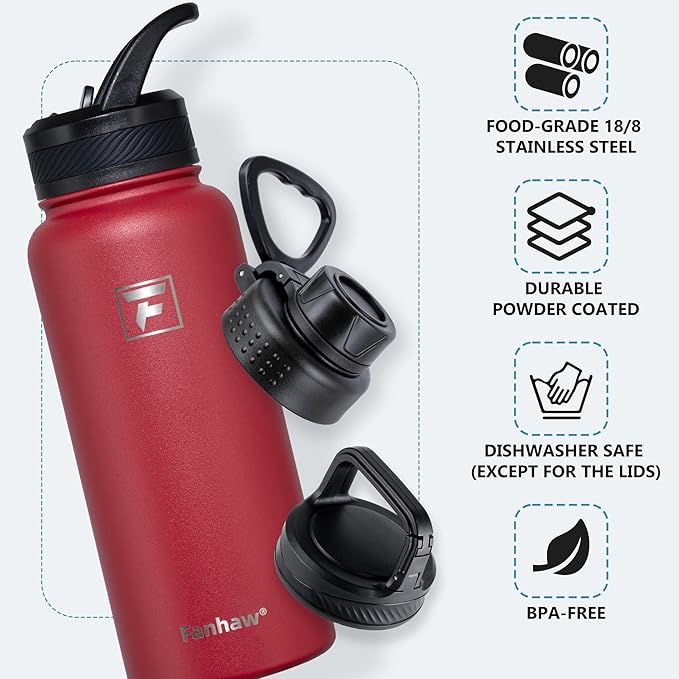 Fanhaw 32 oz Insulated Water Bottle – Portable Stainless Steel Flask with 3 Lids (Straw, Spout, Carabiner) | Leakproof, for Gym, Hiking, Work, Travel & Everyday Use (Red)