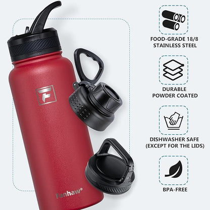 Fanhaw 32 oz Insulated Water Bottle – Portable Stainless Steel Flask with 3 Lids (Straw, Spout, Carabiner) | Leakproof, for Gym, Hiking, Work, Travel & Everyday Use (Red)