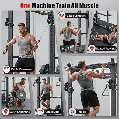 Sportsroyals Squat Rack, LAT Power Cage, Power Rack Multi-Function with Pulley System and Training Attachments for Home Gym