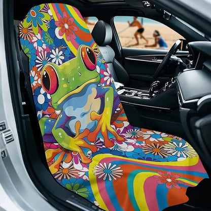 Bulopur Hippie Floral Frog Car Seat Towel Cover After Gym Workout Beach Swimming Boho Sweating Car Seat Cover Fits for Car SUV Sedan Truck Front Seats