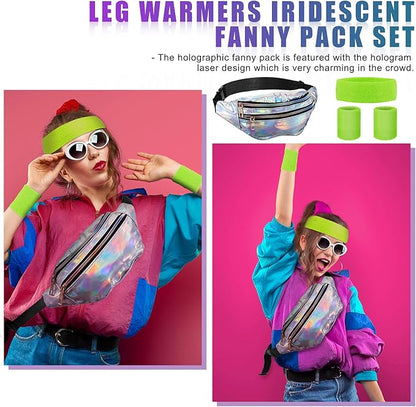 SATINIOR 80s Women Workout Outfit Neon Leg Warmer Headband Wristbands Fanny Pack Set 80s Accessories for Yoga Running