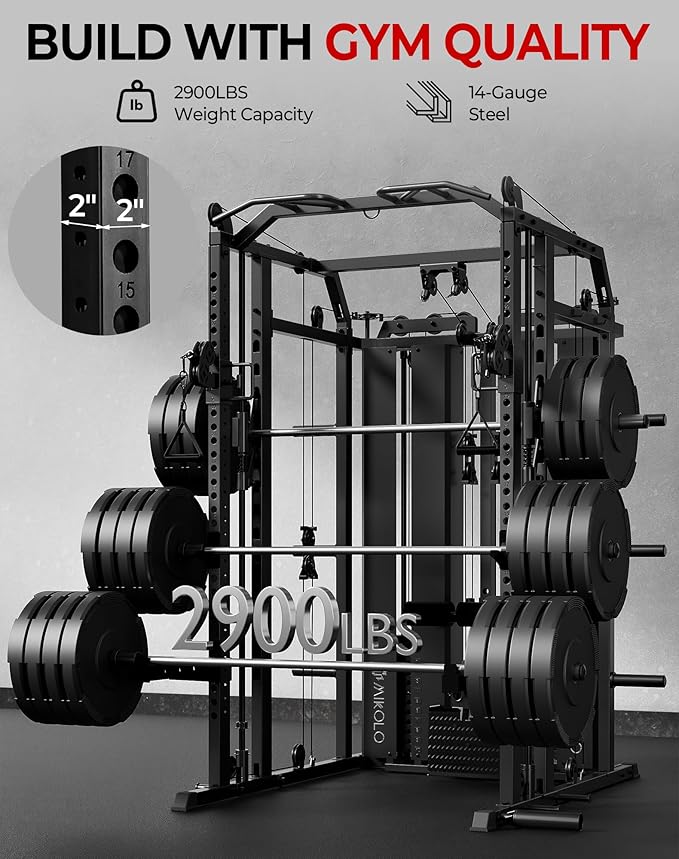 Mikolo Smith Machine with Weight Stack, Power Cage Home Gym System with LAT Pulldown & Cable Crossover, Multi-Functional Trainer with Dual Pulley System, Includes 10+ Free Attachments