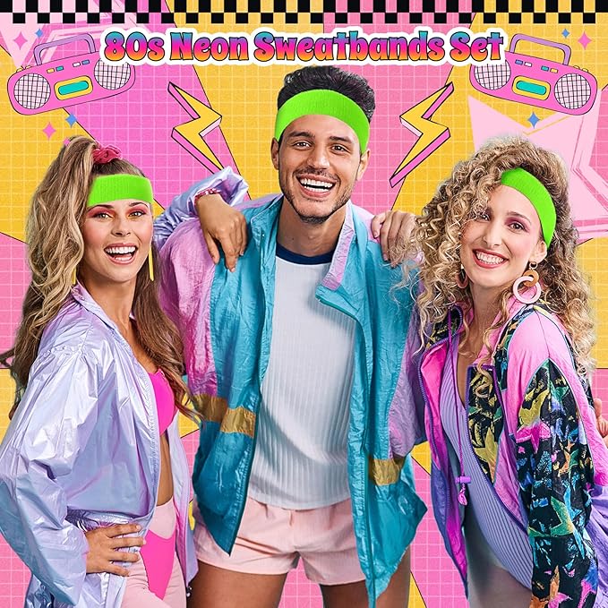 3 Pack Neon Sweatbands Set 80s Wristband and Headband Color War Accessories Sports Sweatbands for Summer Ball Party