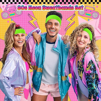 3 Pack Neon Sweatbands Set 80s Wristband and Headband Color War Accessories Sports Sweatbands for Summer Ball Party