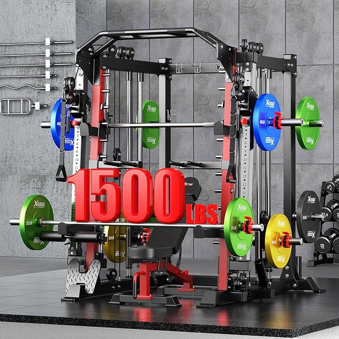 Smith Machine with Cable Crossover System, Multi-Function Squat Rack Power Cage for Home Gym, Power Rack and Packages Weight Sets