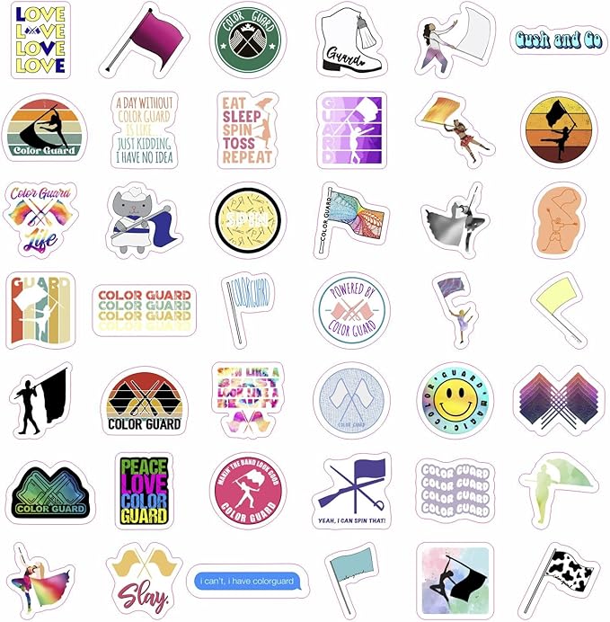 BulbaCraft 100Pcs Color Guard Stickers for Water Bottle and Laptop - Color Guard Party Supplies & Decorations, Waterproof Vinyl Decals, Marching Band and Flag Stickers, Gifts for Women & Men