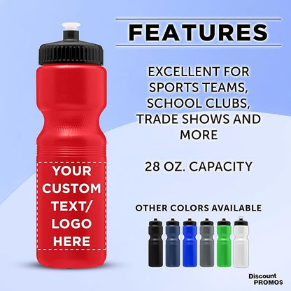 DISCOUNT PROMOS 28 oz. Custom Push Cap Plastic Water Bottles Set of 10/50/100, Personalized Bulk Pack - Perfect for Gym, Hiking, Camping, Outdoor Sports -Red