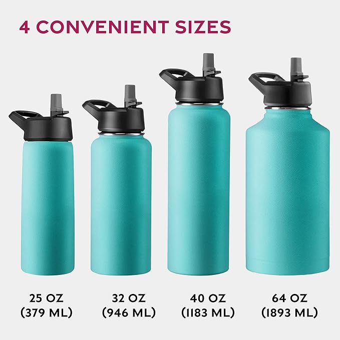 FineDine Triple Walled, Insulated Water Bottles with Straw - 32 Oz Stainless Steel Metal Bottle W/ 3 Leak Proof Lids - For Travel, School, Sports, Gym / Men, Women & Kids - Cheery Turquoise