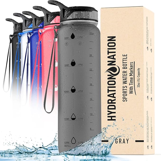 Hydration Nation (32oz Water Bottle With Time Marker - Leak Proof Water Bottles With Times To Drink For Fitness & Sports - 32oz Water Bottle With Straw For Drinking - Water Tracker Bottles (Gray)