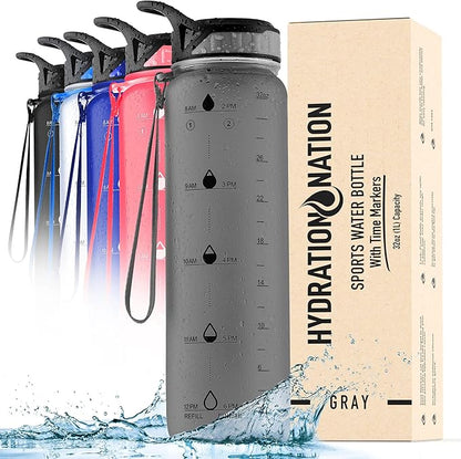 Hydration Nation (32oz Water Bottle With Time Marker - Leak Proof Water Bottles With Times To Drink For Fitness & Sports - 32oz Water Bottle With Straw For Drinking - Water Tracker Bottles (Gray)