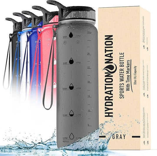 Hydration Nation (32oz Water Bottle With Time Marker - Leak Proof Water Bottles With Times To Drink For Fitness & Sports - 32oz Water Bottle With Straw For Drinking - Water Tracker Bottles (Gray)