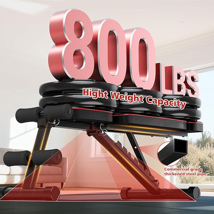XDDIAS Workout Bench, 10 Backrests Adjustable Weight Bench with Extended Headrest, 800LBS Foldable Weight Bench for Home Gym, Incline Decline Flat Bench Compact for Small Space Training