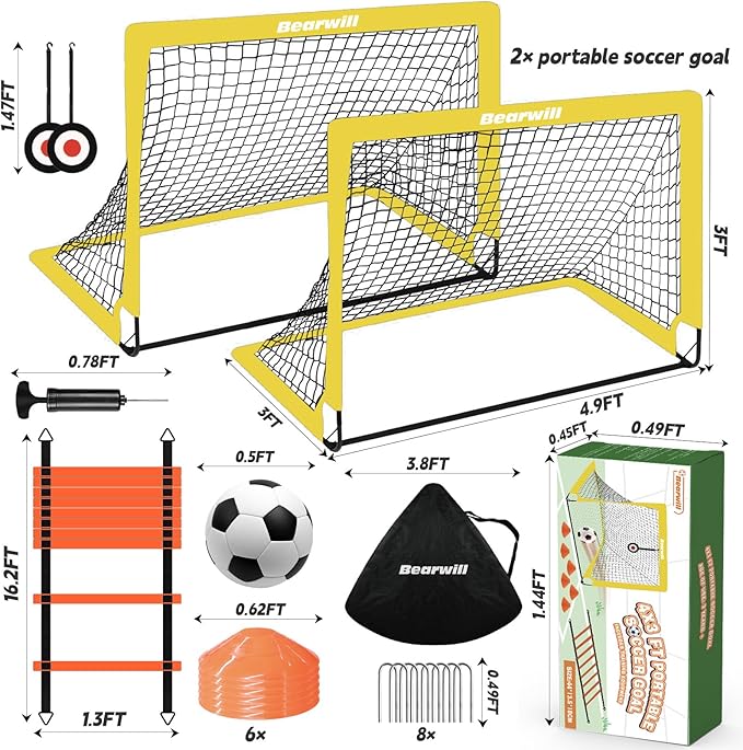 Bearwill Soccer Goal, Kids Soccer Goals for Backyard Set of 2, 4x3ft Portable Soccer Goal Pop Up Soccer Net, Kids Soccer Net Training Equipment with Soccer Ball, Ladder, Cones, Targets