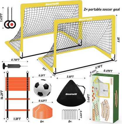 Bearwill Soccer Goal, Kids Soccer Goals for Backyard Set of 2, 4x3ft Portable Soccer Goal Pop Up Soccer Net, Kids Soccer Net Training Equipment with Soccer Ball, Ladder, Cones, Targets