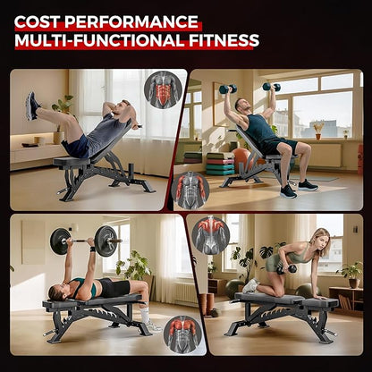 Weight Bench, Adjustable Workout Bench for Home Gym Full Body Workout, 1300LBS Weight Capacity Bench Press, Flat/Incline Bench with 33" Extra-Long Backrest & Wheels