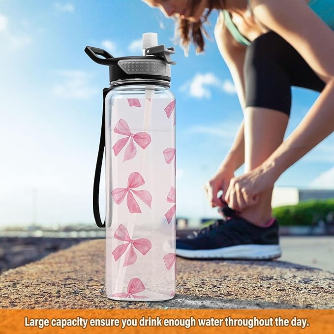 Burbuja Pink Bow 32 oz Water Bottle with Straw Lid, Leakproof & BPA Free Tritan Bottle for Gym Fitness Outdoor Sports