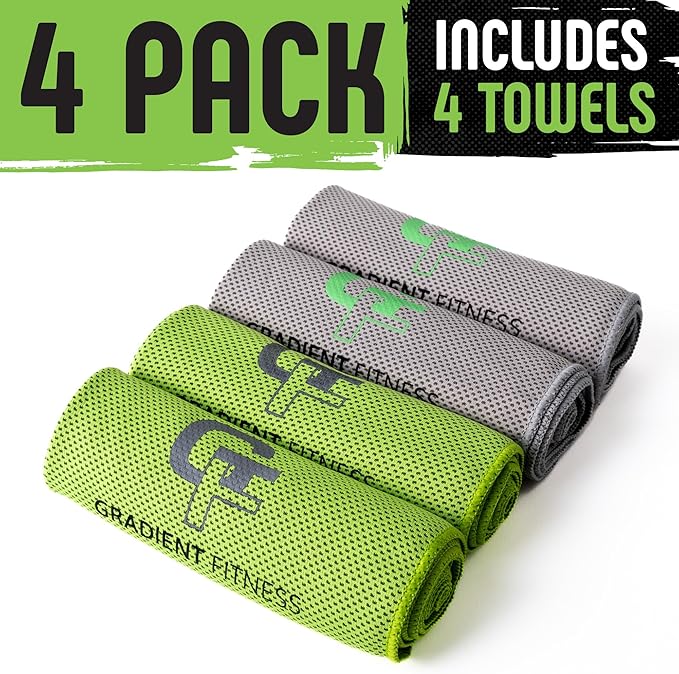 Gradient Fitness Cooling Towels (4 Pack) - Breathable Sweat Towel, Cooling Towel for Neck & Face - Neck Cooler for Quick Cool Down for Gym, Running, Golf, Yoga, Camping & Sports (Green|Grey, 4)