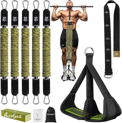 Pull Up Assistance Bands with Foot Support Pedal - Upgraded Heavy Duty Resistance Bands Adjustable Weight/Height with 80Lbs Bands&Measured Strap for Strength Training Home Gym