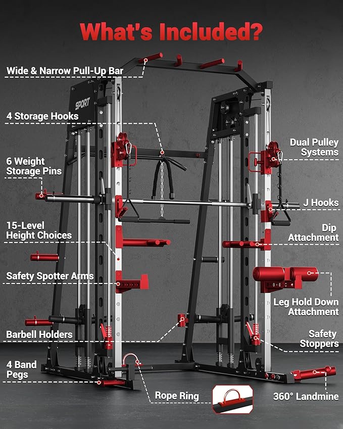 GarveeLife Smith Machine Home Gym All in One, 2200 LBS Squat Rack Power Cage with Smith Bar, LAT Pull-Down, Cable Systems, Leg Hold-Down and More Attachments, Workout Equipment (Red Black)