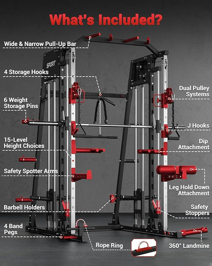 GarveeLife Smith Machine Home Gym All in One, 2200 LBS Squat Rack Power Cage with Smith Bar, LAT Pull-Down, Cable Systems, Leg Hold-Down and More Attachments, Workout Equipment (Red Black)