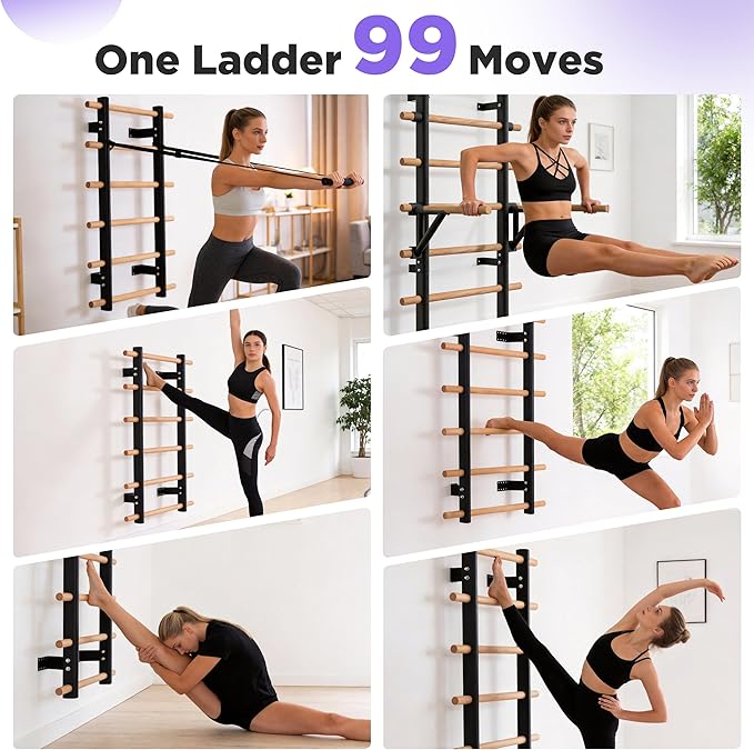 Multi-Function Half Body Swedish Wall Ladder Stall Bar – Sturdy Solid Wood & Steel Frame for Home Gym, Wall Mounted Pull Up & Climbing Bar for Full Family Strength, Stretch & Fitness Training