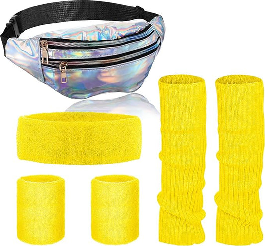 SATINIOR 80s Women Workout Outfit Neon Leg Warmer Headband Wristbands Fanny Pack Set 80s Accessories for Yoga Running