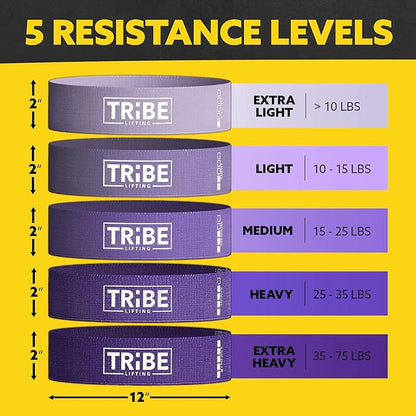 Tribe Lifting Fabric Resistance Bands for Working Out - 5 Exercise Bands Set for Legs and Glutes - Booty Bands for Women and Men - Thick Cloth Workout Bands for Physical Therapy, Hip Training