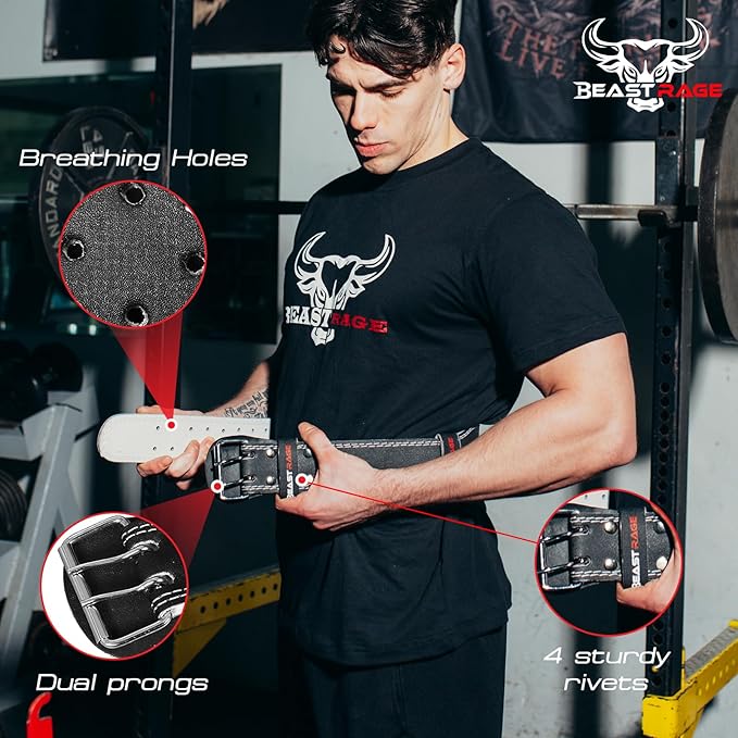 BEAST RAGE Weight Lifting Belt Leather Heavy Duty Gym Body Building Workout Training Weight Lifting Belt Adjustable Holes 4” Padded Lumbar Back Support Exercise Powerlifting Fitness Strength
