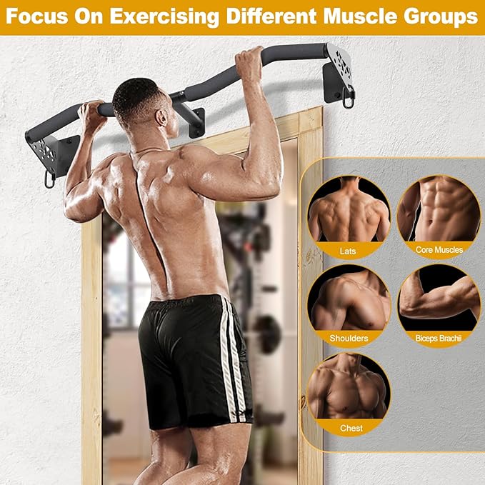 Kipika Wall Mounted Pull Up Bar - Heavy Duty 450 LB Capacity Doorway Chin Up Bar for Home Gym, Sturdy Steel Construction with Resistance Band Hooks | Hanging Exercise Bar for Full Body Workout