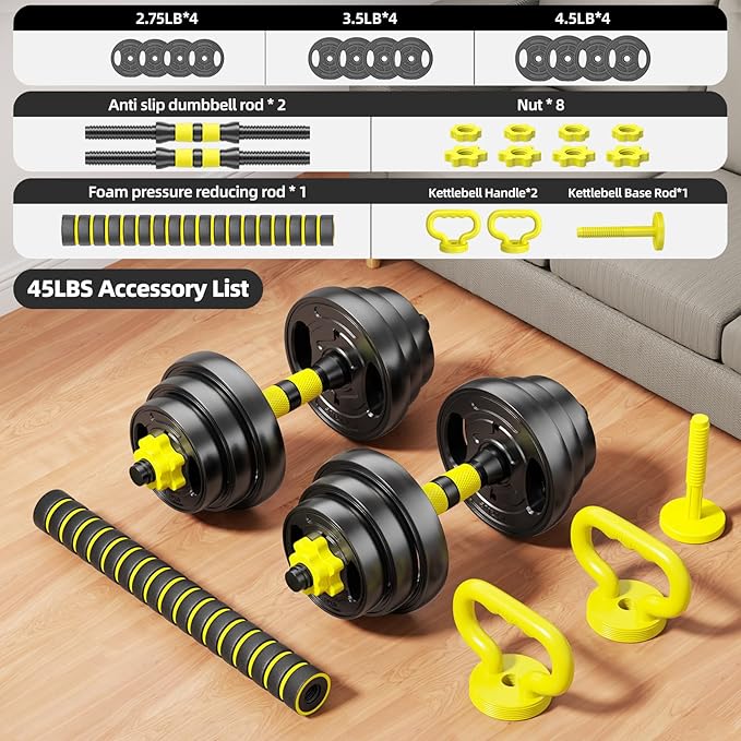 Adjustable Dumbbell Set, 10-90lbs Free Weights with Connector – 4 in 1 Dumbbells, Barbell, Kettlebell & Push Up Stand, Adjustable Weights Set for Home Gym Fitness Equipment for Men & Women
