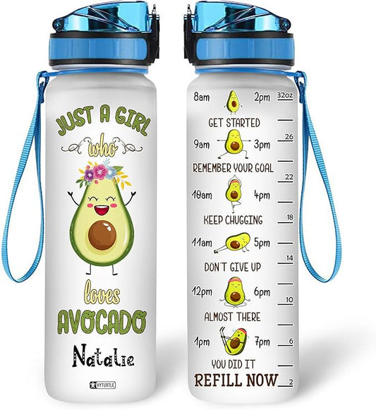 Hyturtle Personalized Avocado Water Bottle - 32oz 1Liter Motivational Water Bottle with Leak-Proof Lid Time Marker - Custom Name Gift for Avocado Lovers Women Girls - Birthday & Christmas Gift
