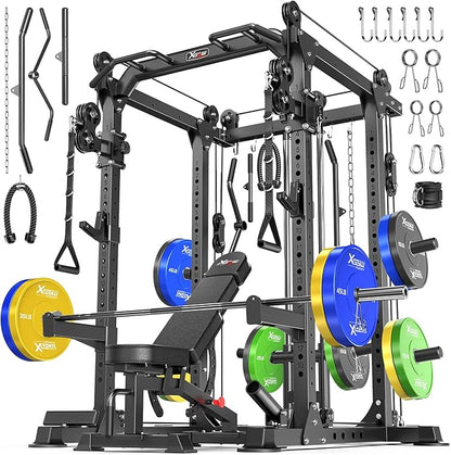 Power Cage Multi-Function Power Rack with Cable Crossover System,1800 LBS Capacity Squat Rack with Weight Bench,for Home Gym