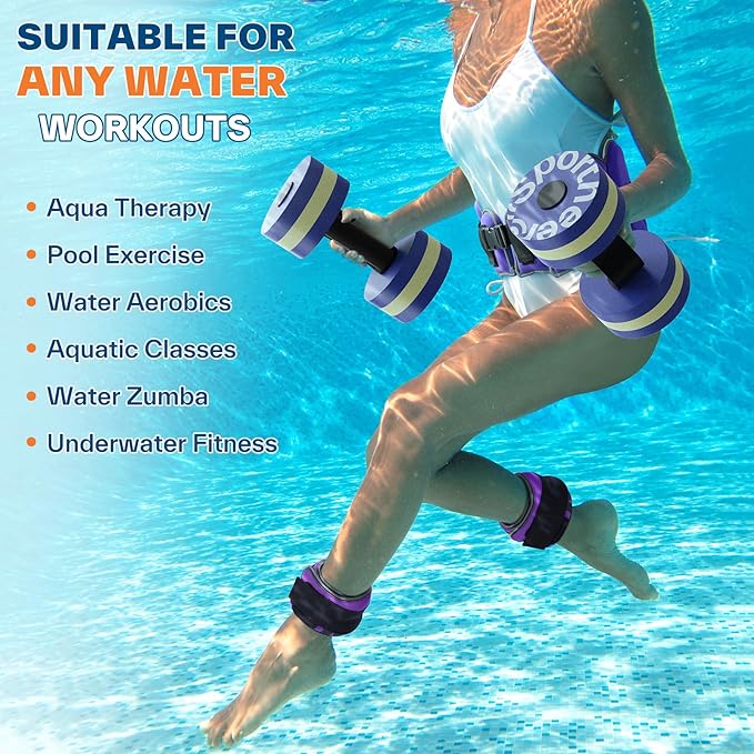 Sportneer Aquatic Exercise Equipment Water Aerobics Combo Set Includes High Density Water Weights Dumbbell Aqua Belt Water Ankle Weights for Pool Exercise Aquatic Therapy Pool Fitness Water Exercise