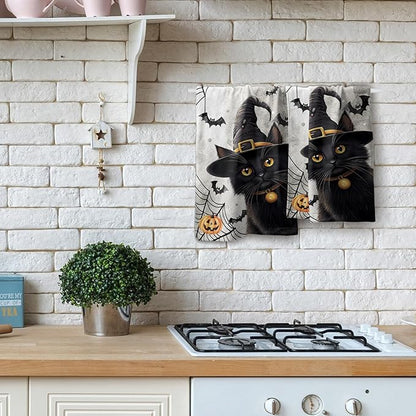 Halloween Kitchen Tea Dish Towels 2 Pack Black Witch Hat Cat Hand Towel Soft Happy Halloween Soft Absorbent Face Towels Holiday Decorative Fingertip Towels for Home Bath Hotel Spa Washcloths 28x14inch