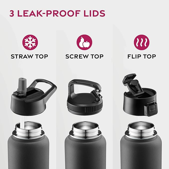 FineDine Triple Walled, Insulated Water Bottles with Straw - 40 Oz Stainless Steel Metal Bottle W/ 3 Leak Proof Lids - For Travel, School, Sports, Gym/Men, Women & Kids - Inky Raven Black