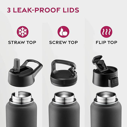 FineDine Triple Walled, Insulated Water Bottles with Straw - 40 Oz Stainless Steel Metal Bottle W/ 3 Leak Proof Lids - For Travel, School, Sports, Gym/Men, Women & Kids - Inky Raven Black