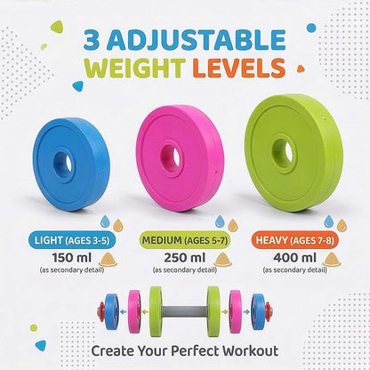 Kids Workout Dumbbell Weights Set - Toddler Toy Gym Equipment for Pretend Play Lifting, Exercise & Fitness - Adjustable Fill with Sand or Water
