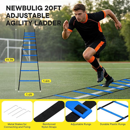 Agility Ladder Speed Training Equipment Set-20ft Ladder, 12 Cones, 4 Adjustable Hurdles, Jump Rope, Resistance Parachute| Basketball, Soccer, Football Practice Equipment for Youth, Adults