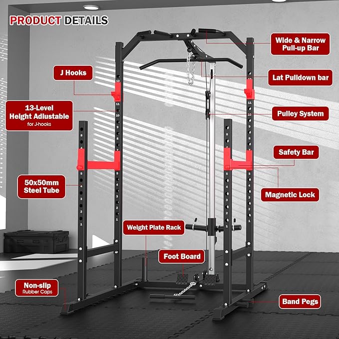 Power Cage, Multi-Function Power Rack with Pulley System Strength Training for Home Gym, Bench Press Squat LAT Pull-Down Pull-up Rowing, All in One Workout Cage