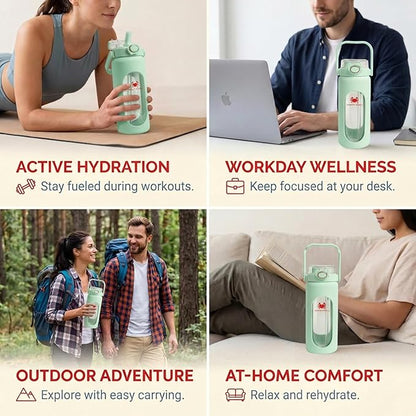 32 oz Glass Water Bottle – Light Green | Borosilicate with Time Markers, Flip Straw & Silicone Sleeve – Compact Leakproof Hydration for Travel or Office