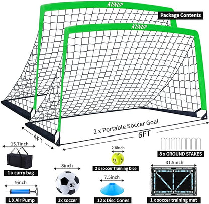 2 Set Kids Soccer Goals for Backyard with Training Equipment, Portable Foldable Practice Nets with Ball, Dice & Mat, Cones, Air Pump and Carry Bag for Toddler Youth Outdoor Sports Game