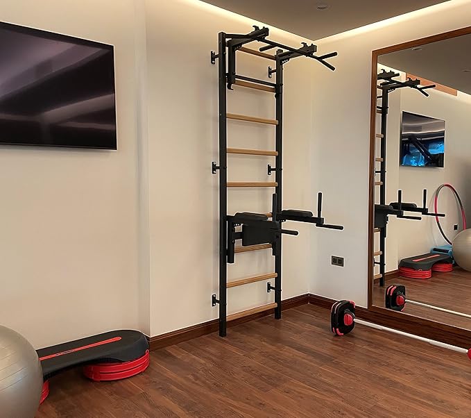 Wooden Swedish Ladder Wall Stall Bar - Indoor Chin Up Bar Workout Equipment for Home Exercise, Physical Therapy, Gymnastics, Fitness